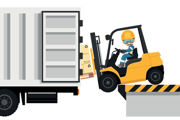 Overturning of forklift loading pallet of boxes to a cargo truck. Stay inside the cabin. Safety in handling a fork lift truck. Security First. Work accident. Industrial Safety and Occupational Health © Ipajoel