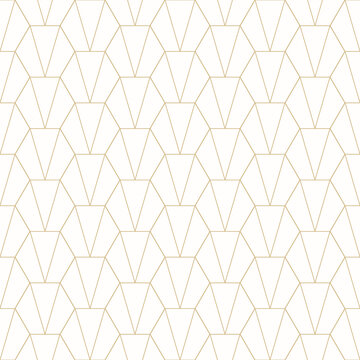 Abstract geometric lines pattern. Vector seamless background with golden linear grid, lattice, hexagons, triangles. Simple minimal gold and white ornament texture. Premium repeat decorative design