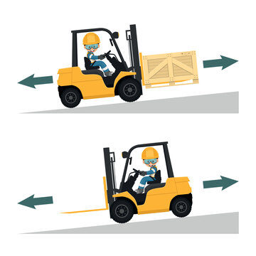 Use of forklifts on slopes. Safety in handling a fork lift truck. Security First. Accident prevention at work. Industrial Safety and Occupational Health