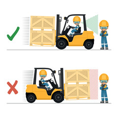 Drive in reverse if the load obstructs vision. Safety in handling a fork lift truck. Security First. Accident prevention at work. Industrial Safety and Occupational Health