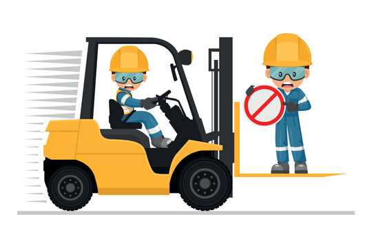 Transporting people on the forklift is prohibited. Safety in handling a fork lift truck. Security First. Accident prevention at work. Industrial Safety and Occupational Health