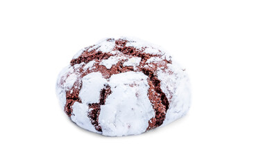 Chocolate chip cookies with cracks on a white background.