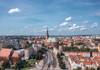 Skyline of Szczecin, Poland.  Szczecin Cathedral (Polish: Bazylika archikatedralna św. Jakuba w Szczecinie) in the background