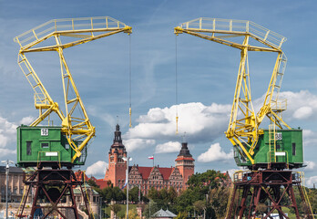 Old port cranes, one of the landmarks and symbols of the city; Wały Chrobrego in the background....