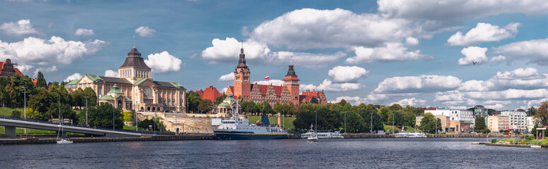 Szczecin, Zachodniopomorskie, Poland - Wide summer panorama of the city: Muzeum Narodowe, Politechnika morska and Urząd Wojewódzki at the famous Wały Chrobrego promenade