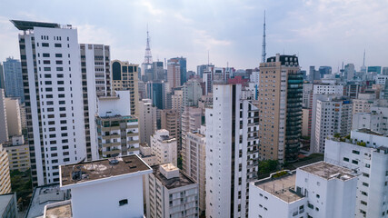 Aerial view of São Paulo, in the neighborhood of Jardins. Many residential buildings and a building under construction