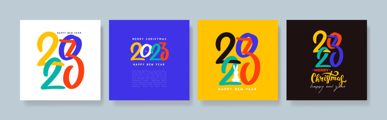 2023 Happy New Year colorful posters. Set of design typography logo 2023 for Christmas celebration and season decoration, banner, cover, card, branding, social media template. Vector illustration.