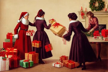 Obraz premium Mid Century modern women giving each other gifts for christmas