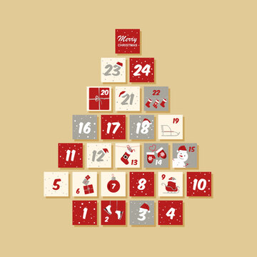 Vector Christmas advent calendar. Winter New Year holidays poster with dates. Cute decoration xmas day celebration.Calendars number template.
