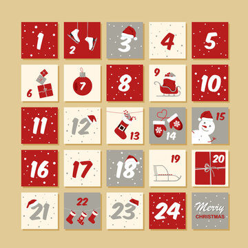 Vector Christmas advent calendar. Winter New Year holidays poster with dates. Cute decoration xmas day celebration.Calendars number template.