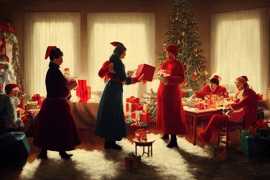 Mid Century Modern Women Giving Each Other Gifts For Christmas