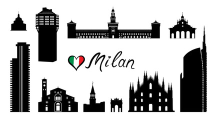 Fototapeta premium Milan city famous place travel set. Italy, architectural tourist landmark silhouettes. Historic buildings and modern skyscrapers. Italian touristic cityscape design.
