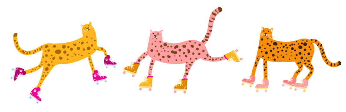 Flat vector cartoon illustration of funny wild animals isolated on a white background. A set of vector images of cute cheetahs. Childish naive art. Yellow, red, pink cheetahs rollerblading