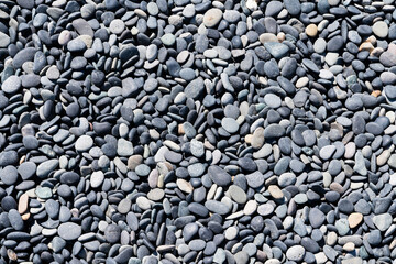 Top view of gray stone pebbles. Close up.