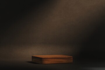 Minimal box wood pedestal or podium for product showcase. Cosmetic stand pedestal. Brown background mockup. Empty stage. 3d render illustration