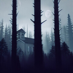 A lonely building in a gloomy forest. High quality illustration