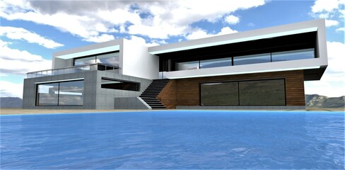 An architectural impromptu in a minimalist style. A large swimming pool with warm blue water in front of a cozy rectangular house. 3d render.