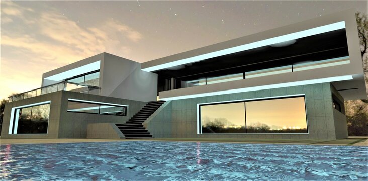 View from the pool with clear water at a stylish private house illuminated by LED strip under a romantic night sky. 3d render.