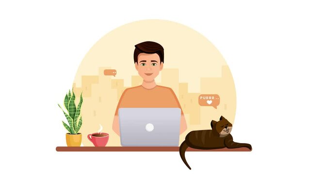 Animation of a man working at a computer with a cat. Remote work, freelance, home office, programming, education. Communication on the Internet, online meetings.
