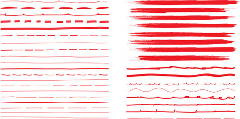 Obraz premium Red brush stroke set isolated on background. Collection of trendy brush stroke vector for red ink paint, grunge backdrop, dirt banner, watercolor design and dirty texture. Brush stroke vector