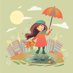 Autumn Girl walking with an umbrella