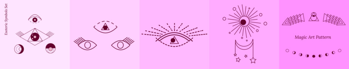Large set of images of esoteric objects, alchemy, magic, divination, occultism. Image of third eye. Vector doodle in outline style for tarot card design, tattoos, social media, groups, web pages.