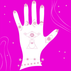 Esoteric symbols for fortune telling by hand. Magic session, look into future, connection with universe, palmistry signs. Rings, bracelets from celestial symbols, jewelry on arm. Vector drawing