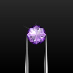 Vector 3d Realistic Transparent Purple Gemstone, Diamond, Crystal, Rhinestone with Jewelry Tongs Closeup on Black Background. Jewerly Concept. Design Template, Clipart