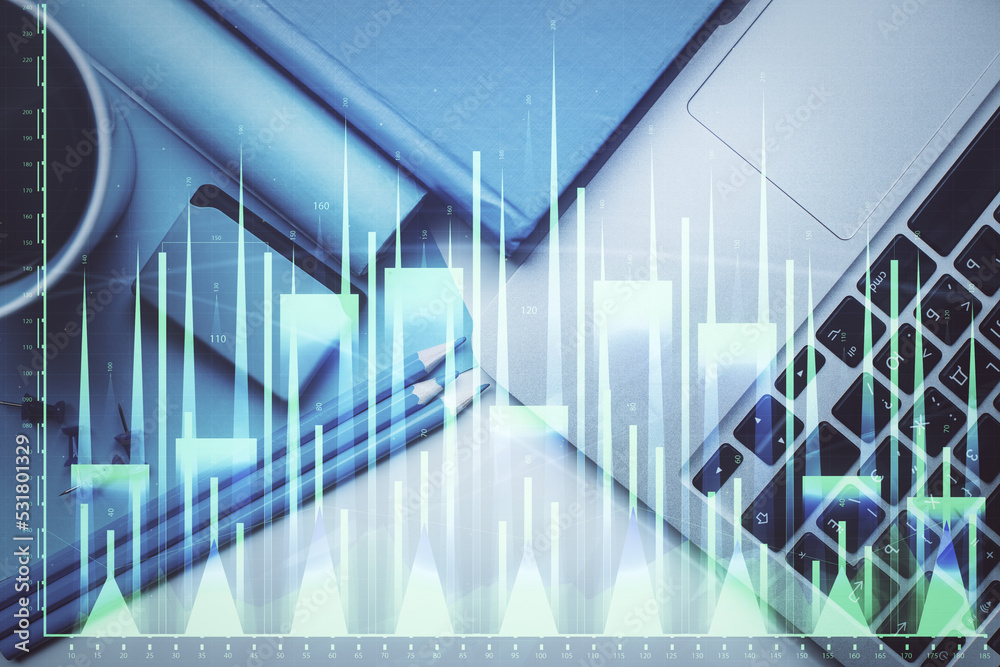Poster Double exposure of forex graph drawing over desktop background with computer. Concept of financial analysis. Top view.