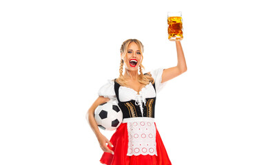 Football and beer. Young sexy Oktoberfest girl waitress, wearing a traditional Bavarian or german...