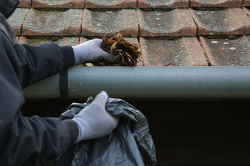 Cleaning the gutter from autumn leaves before winter season. Roof gutter cleaning process.	