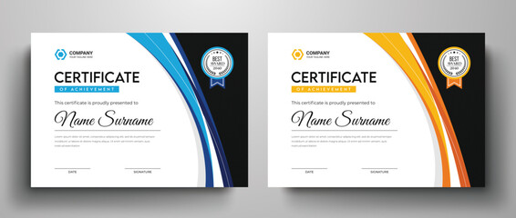 Clean and simple certificate design with best award badge, Blue yellow color variation modern certificate template