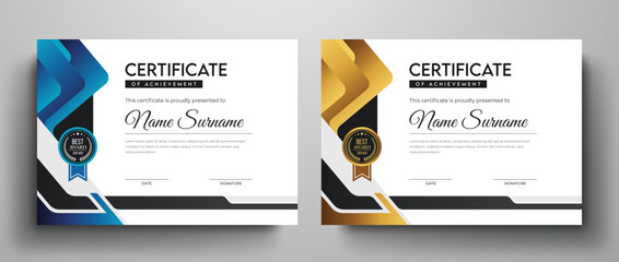 Modern and creative certificate design with dynamic layout, Blue and golden color variation elegant certificate template
