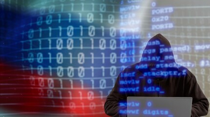 Russian hacker in dark cloth with flag background