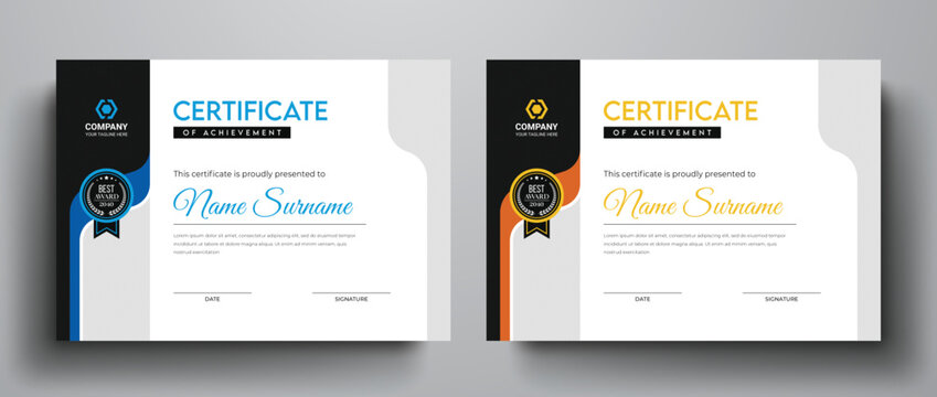 Clean and simple certificate of achievement template blue yellow color variation