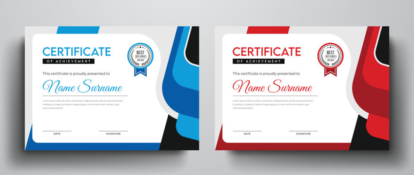 Blue and red color variation professional certificate design with dynamic layout