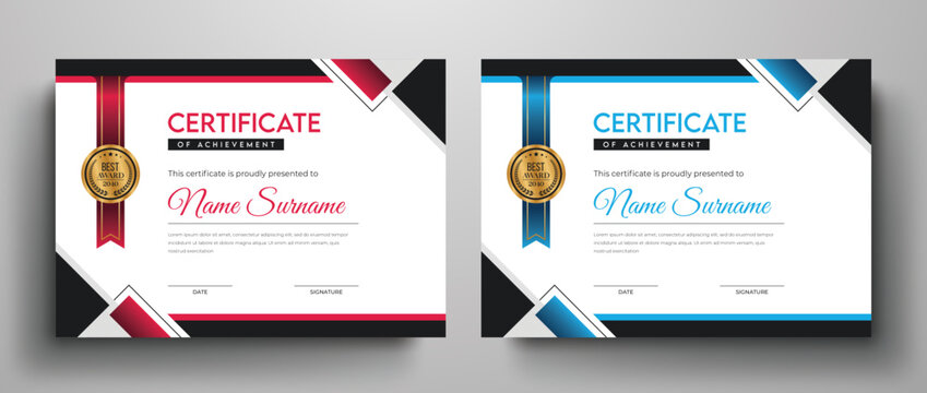 Red and blue color variation professional certificate template with golden best award badge