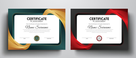Golden green luxury certificate template for best award I Modern certificate design with award badge - obrazy, fototapety, plakaty