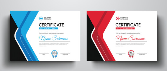 Clean and simple certificate of achievement template I Professional modern certificate design with blue and red color variation