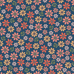 Seamless Colorful Flower Pattern in Blue Background