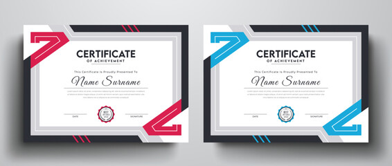 Clean and simple certificate of achievement template with red and blue color variation
