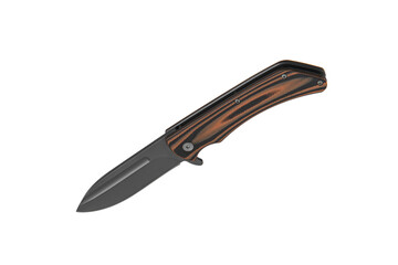 Pocket folding knife isolate on white back. Compact metal sharp knife with a folding blade.