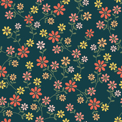 Seamless Flowers with Leaves Pattern in Dark Background