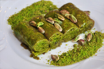 Traditional Pistachio Wrapped Baklava Dessert