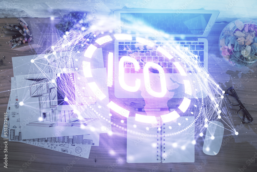 Poster Blockchain theme hologram drawings over computer on the desktop background. Top view. Double exposure.