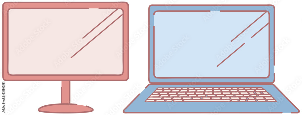 Poster set of different computers, devices. computer monitor and portable, folding personal laptop. portabl