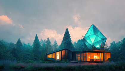 Large glass house in the forest. 3D illustration