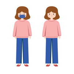 A girl wear pink sweater and blue jeans with face mask. Vector illustration. Character design.