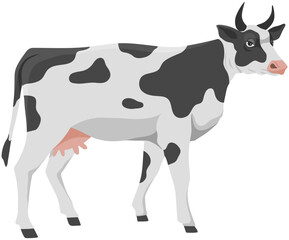 Spotted cow, domestic farm animal. Kine with uddden and horns, cattle, mammal vector illustration. Farming, animal husbandry and livestock breeding. Domesticated farm cow for meat and milk production