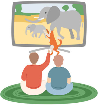 Pet, kitten near tv with wildlife channel. People watching tv channel about nature and animals. Friends spend time together with cat at home. Characters watching show with elephants on screen